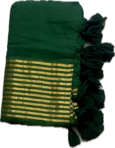 Image of Women's Mul Cotton Saree with Tassels | Soft Mulmul Saree | Woven Stripes & Zari Line | 5.5 Metres - Without Blouse
