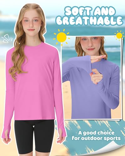 Image of 3 Pack Girls Rash Guard Swim Shirts 5-14Y UV Sun Protection Long Sleeve Thumb Hole Quick Dry T-Shirts UPF 50+ Tees