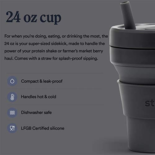 Stojo Collapsible Coffee Cup | Reusable To Go Extra Large Travel Cup – Carbon Gray, 24oz / 710ml | With Straw