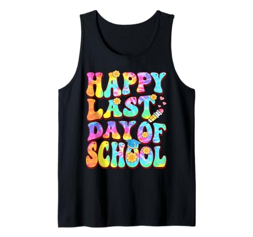 Happy Last Day of School Retro Groovy Teacher Tie Dye Summer Tank Top