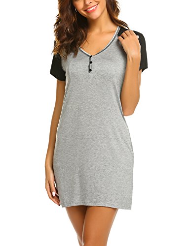 Ekouaer-Damen-Kurzarm-V-Ausschnitt-Nachthemd-Weiche-Schlafshirts-Loungewear-Nachthemden