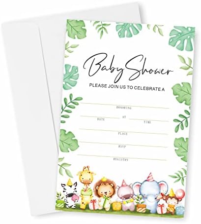 Greenery Animals Baby Shower Invitation, Woodland Baby Shower Invites Decorations, Gender Reveal Party and Events Supplies, 25 Fill-in Invites Cards with Matching Envelopes（YQK-030）