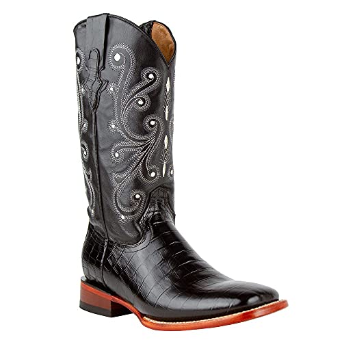 Men's Belly Caiman Alligator Print Cowboy Boot Square Toe Black 13 EE US2