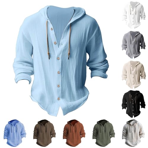 Cotton Linen Button Down Shirt for Men Long Sleeve Oversized Outdoors Cardigan Casual Drawstring Solid Travel Hoodie