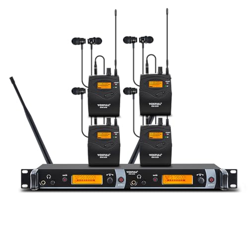 Wireless in-Ear Monitor System, Dual Channel IEM System with Metal Transmitter, Bodypack Receiver Monitor Earphones, 2*40 Adjustable Frequencies 262ft Operation for Bands, Studio (IEM2050 4Bodypacks)