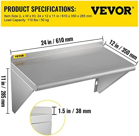 VEVOR Stainless Steel Wall Shelf, 12'' x 24'', 110 lbs Load Heavy Duty Commercial Wall Mount Shelving w/Backsplash and 2 Brackets for Restaurant, Home, Kitchen, Hotel, Laundry Room, Bar
