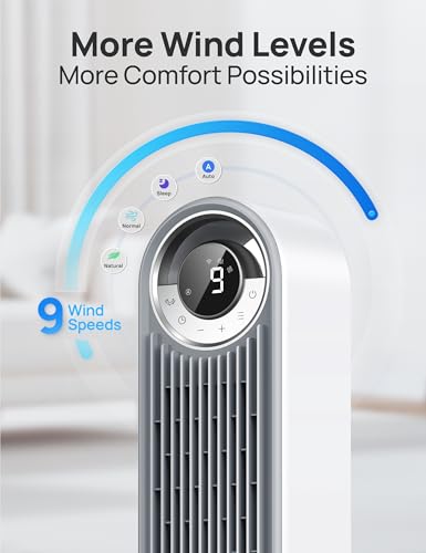 Image of DREO Tower Fan for Bedroom, Upgrated DC 9 Speeds Ultra-Quiet Floor Fan, 90 Oscillating Fans for Indoors with 28ft /s Velocity, 12H Timer, Standing Fans, Bladeless Fan Powerful for Home, White