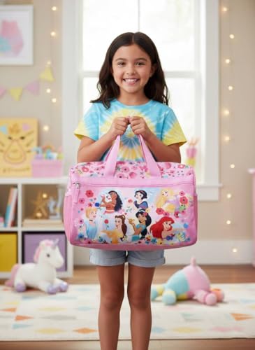 Image of Disney Princess Kids Duffle Bag 16.5 inch - Travel & Sports Bag with Zipper Pocket, Mesh Side Pockets & Shoulder Strap