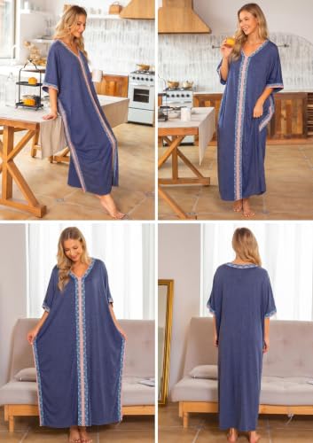 Image of Bloggerlove Women Nightgowns Cotton Caftan House Dress Short Sleeve Sleepwear Vacation Beach Moo Moos Dress with Pockets