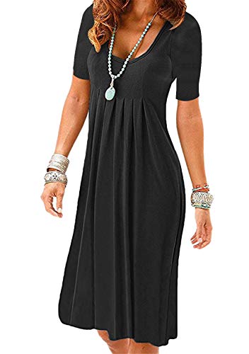 OMZIN Damen Kleider Rundhals A-Linie Kurzarm Kleider Casual Midi Kleid Skaterkleid Freizeit Blusenkleid Schwarz XL