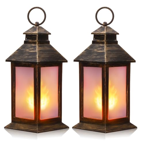 PFUTURE 2 Pcs Vintage LED Lanterns Retro Decorative Lanterns with Flame Effect Battery Operated Candle Lamps for Indoor Ramadan Decoration Outdoor Patio Garden Yard Porch (8.4 Bronze)