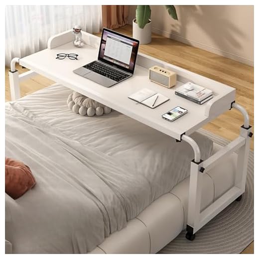 Adjustable Over Bed Table on Wheels - 140cm Height-Adjustable Bedside Table for Disabled & Elderly - White Overbed Table with Baffle for Easy Use