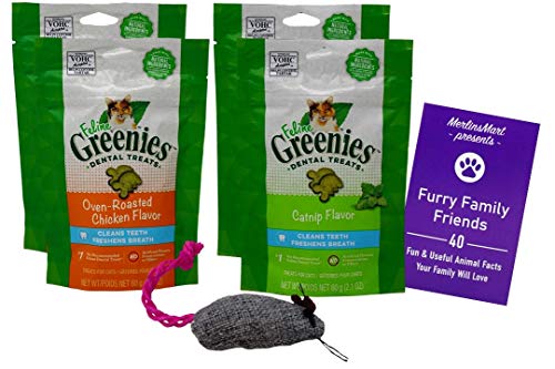 Feline Greenies Dental Crunchy Treats for Cats 2 Flavor 4 Pouch Variety Pack | (2 Each): Catnip, Oven Roasted Chicken (2.1 Ounces) | Plus Catnip Toy and Fun Animal Facts Booklet Bundle
