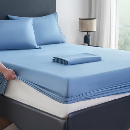MEISHANG Extra Deep Pocket King Sheets Cotton - 1000 Thread Count Sheets - Fits 18"-24" in Deep Mattress,100% Egyptian Cotton,Sateen Weave, Soft & Breathable - 4 Piece (King, Smoky Blue)
