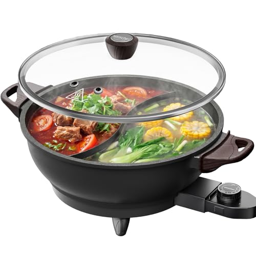 SENSCHEF TWIN™ Electric Hot Pot with Divider | PFAS-Free Ceramic Nonstick Pot | EvenHeat Cast Aluminum Body | 1500W Fast Heating | Dual-Flavor Shabu Shabu Pots for Family Use | 1-Yr Warranty