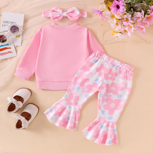 Image of Baby Girl Clothes Fall Winter Long Sleeve Bear Cartoon Sweatshirt Flare Pants Bow Headband Set 6 Months-4 Years Old