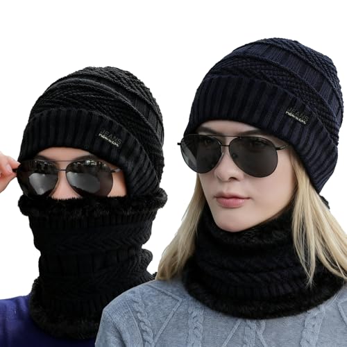Zuahaly Conjunto de gorro y bufanda de forro polar para invierno, gorros de lana gruesos y acogedores unisex, calentador de cuello elástico, ideal para actividades al aire libre y uso diario