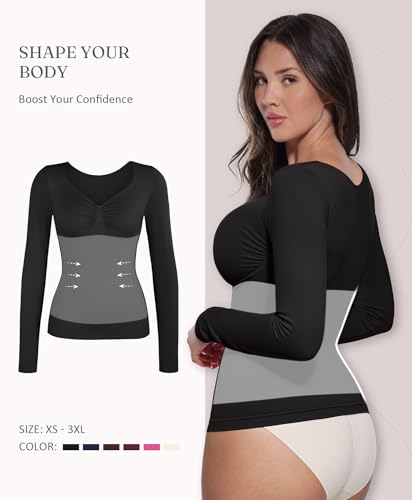 FeelinGirl Womens Shapewear Tummy Control Tops: Long Sleeve Shirts for Women Slimming Body Shaper V Neck Compression Shirt2