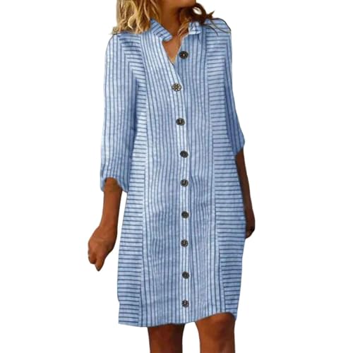 Blusenkleid Damen Leinenkleid Sommer mit Knopfleiste Kurzarm V-Ausschnitt Sommerkleid Damen Knielang Leinenkleider Baumwolle Leinen Kleider Casual...