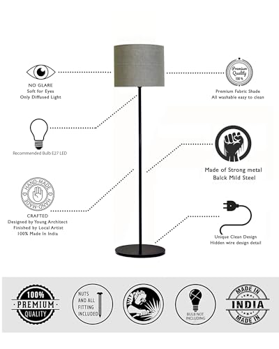 Image of Homesake Modern Floor Lamp for Living Room Traditional Farmhouse Boho Floor Lamp Mid-Century Pole Lamp with Linen Lamp Shade Modern Bohemian Corner Lamp for Living Room Bedroom Office (Gray)
