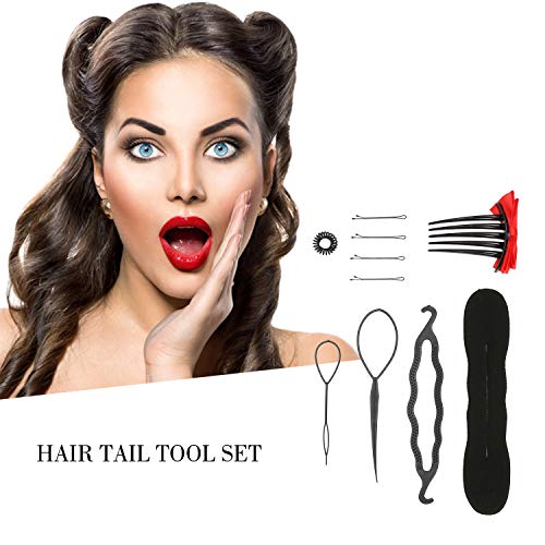 Sunbaca Conjunto de ferramentas de cauda de cabelo Bun Maker Laços de cabelo em espiral Lado Pente P