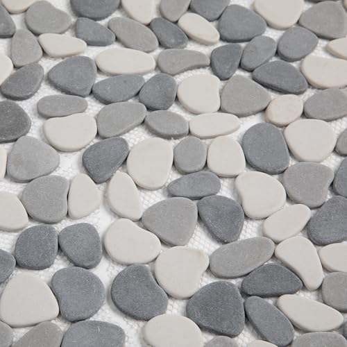 Lovdeco Pebble Tile Shower Floor, Mosaic Pebble Backsplash for Wall, Stone Tiles for Bathroom and Outdoor Garden, White and Grey, 5 Sheets