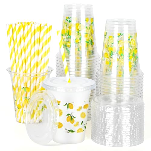 50Pack 12oz Lemonade Cups with Lids and Straws Plastic Lemonade Cups with Lids Yellow Lemon-Themed Disposable Plastic Cups Set Lemon Plastic Cups for Parties Lemonade Stand & Summer Drinks