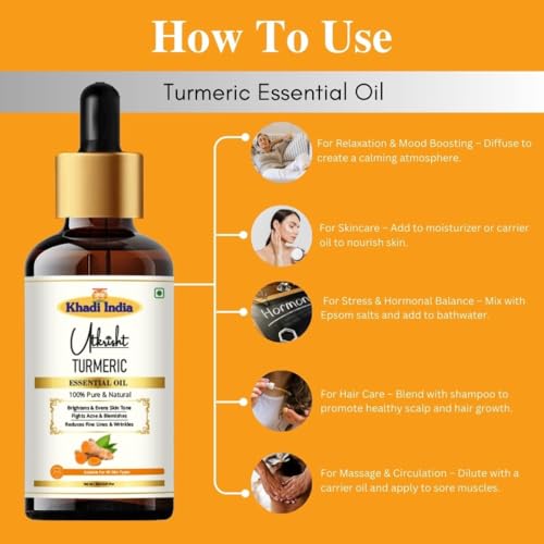 Image of Khadi Turmeric Essential Oil 15 ml | Pure & Natural | For Skin Care, Scars & Acne | Muscle Relaxation & Anti Aging | Face & Body Massage Oil | All Skin Types | Aromatherapy for Men & Women