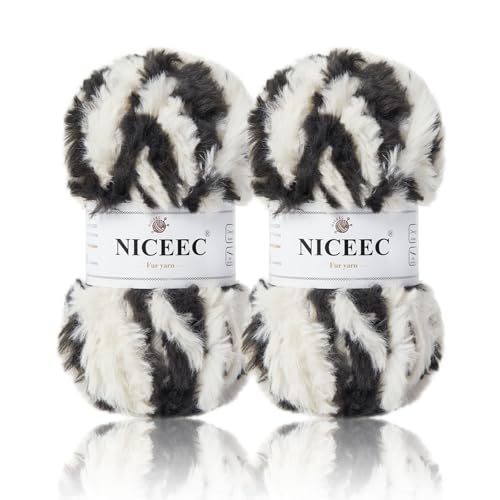 Image of NICEEC 2 Skeins Faux Fur Yarn Super Soft, Chunky & Fluffy, Eyelash Yarn for Crochet & Knitting (Total Length 70yds,3.53oz) - Panda