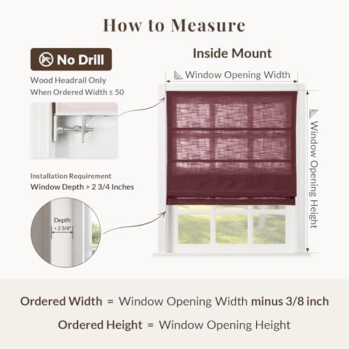 Image of TWOPAGES Liz No Drill Cordless Roman Shades Linen Textured Roman Blinds for Windows, Custom Made Room Darkening Blackout Roman Window Shades, Hardware Included, Red Wine, 1 Piece