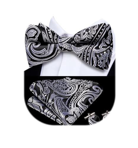 Image of Dubulle Mens Paisley Striped Bowtie Set Pre-tied Bowtie for Men and Pocket Square Set Wedding Business