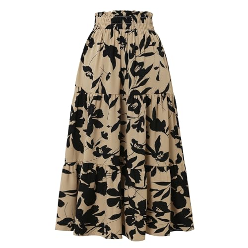 Summer Skirts for Women 2025 Vacation Boho Floral Tiered Maxi Skirt Drawstring High Waisted Flowy Ruffle A Line Skirt3