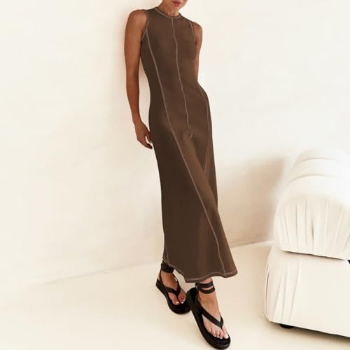 Image of AGYMNX Women's Sleeveless T Shirt Dress Ribbed Knit Long Tank Dress Summer Y2K Maxi Dresses