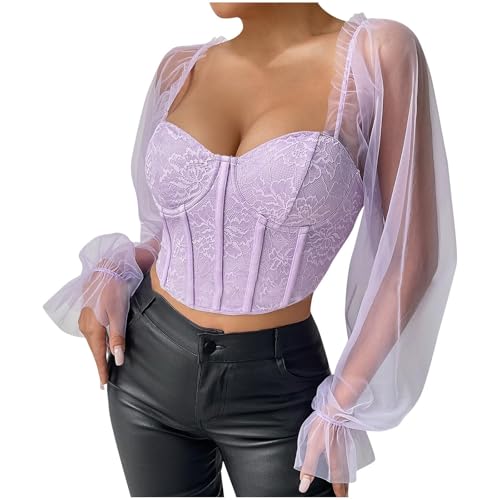 JOAU Women's Mesh Sheer Ruffle Long Sleeve Corset Crop Tops Slim