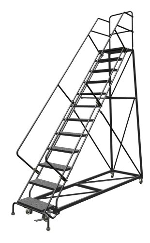 Image of Tri-Arc KDEC112246 12-Step Forward Descent Safety Angle Steel Rolling Industrial and Warehouse Ladder with Perforated Tread, 24-Inch Wide Steps