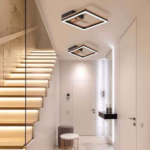 Image of Modern Square Led Ceiling Light, Dimmable Wood LED Flush Mount Ceiling Light Fixture, Minimalist Wood Ceiling Lamp for Kitchen, Bedroom, Hallway
