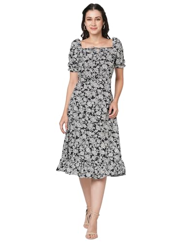 Selvia Western Dress For Women|Crepe Dress For Women|Fit & Flare Dress|Floral Printed Dress For Women|One Piece Dress For Women (737Dtk8001N-Xl_Black & White)