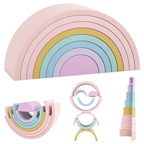 Image of TOYHDAYO Rainbow Stacker 8PC Early Childhood Montessori Toys Nesting Puzzle Building Blocks Silicone Stacking Toys Educational Toys, Pink Series