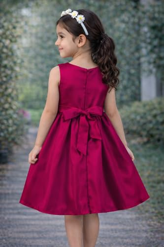 Image of Buy & Try Girls Frock Dress Crystal Moti Embellished Sleeveless Butterfly Design | Knee Length Birthday Dress for Kids with Zipper Closure