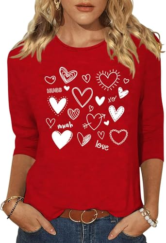 Image of Women's Valentine 3 /4 Sleeve Round Neck Shirt Funny Love Heart Graphic Tee Casual Couple Top Blouse