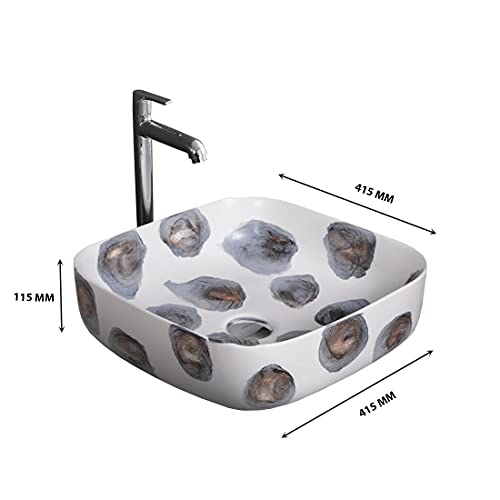 Image of Designer Table Top Wash Basin for Bathroom | Counter Top Wash Basin /Sink for Living Room (16.33 x 16.33 x 4.52 Inch, Kolar (White Wood Design Matt))