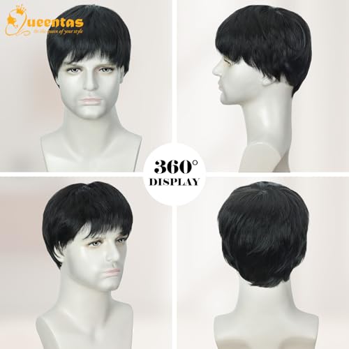 Image of QUEENTAS Short Black Wig for Men 8 Inch Natural Straight Heat Resistant Synthetic Hair for Dating Daily Use