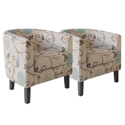Image of BELLEZE Living Room Chairs Set of 2, Linen Round Accent Barrel Chairs, Club Tub Sofa Chairs for Bedroom, Corner Chairs with Flared Legs and Cozy Soft Padding - Highland (Floral Print)