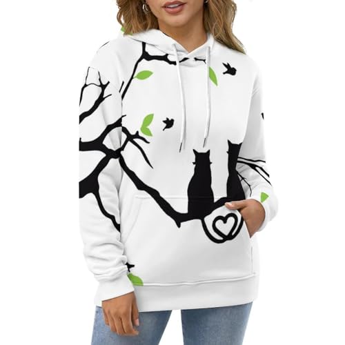 Sweat Capuche Imprimé Arbre Et Chat Pull Manches Longues Doux et Confortable S - 5