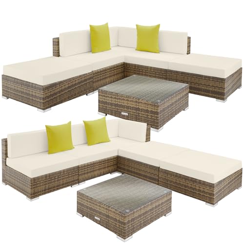 tectake® Conjunto Jardín en Ratán y Aluminio con Cojines 10 cm, Conjunto Terraza Resistente a la Intemperie, Muebles Jardín Exterior 2 Sillones, 2 Puf, 1 Mesa Cristal, Fundas Extraíbles - Natural