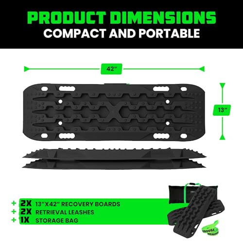Rhino USA Off-Road Recovery Traction Boards - 2 Pack Ultimate Tire Traction Mountable Mats for 4X4 Vehicles in Sand, Mud & Snow. Heavy Duty Zipper Carry Bag and Leashes Included - (Black)