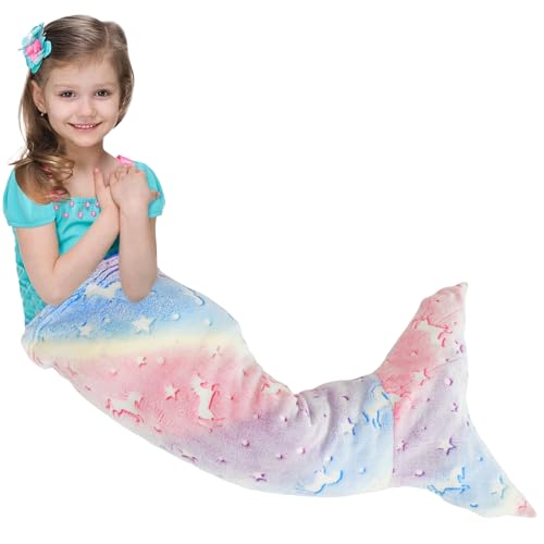GUIJZSLTRG Kids Mermaid Tail Blanket 50x100cm Luminous Mermaid Blanket Flannel Girls Toys Colorful Snuggle Blankets Wearable Soft Mermaids Sleeping Bag for Toddler Teens Birthday, All Seasons