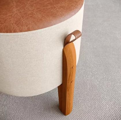 Kit 2 Puff Banquinho Redondo Decorativo Luna em Linho e Couro Pés Madeira Maciça