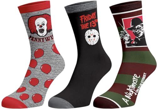 Bioworld Horror Themed Mens It Nightmare On Elm Street Friday The 13th 3-Pack Mid-Calf Adult Crew Socks