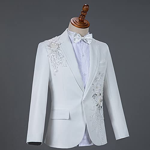 Mens Fashion Diamond Sequins Floral Tuxedo Jackets Slim Fit Dinner Blazers Performance Prom Wedding Groom Host Blazer (White,XX-Large)3